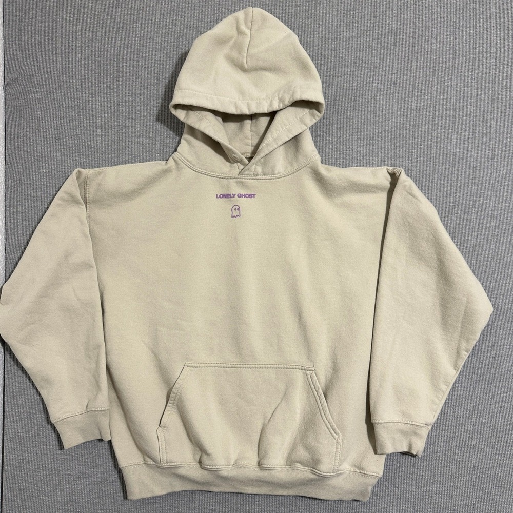 Lonely Ghost Hoodie Cream Off-White Purple Logo Pullover Sweatshirt Womens L